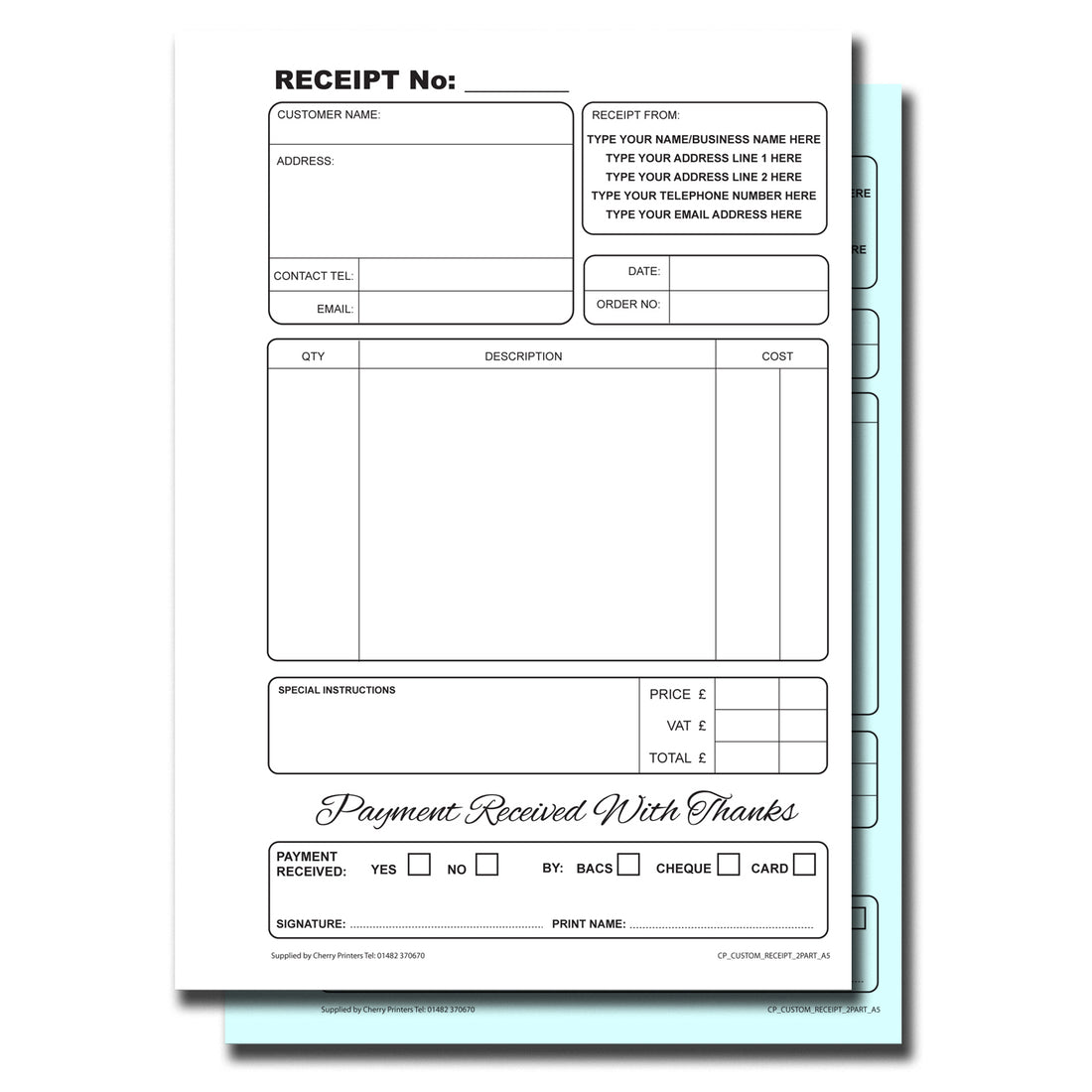 Custom Receipt Duplicate Book A5 | 4 Pack — Cherry Printers UK
