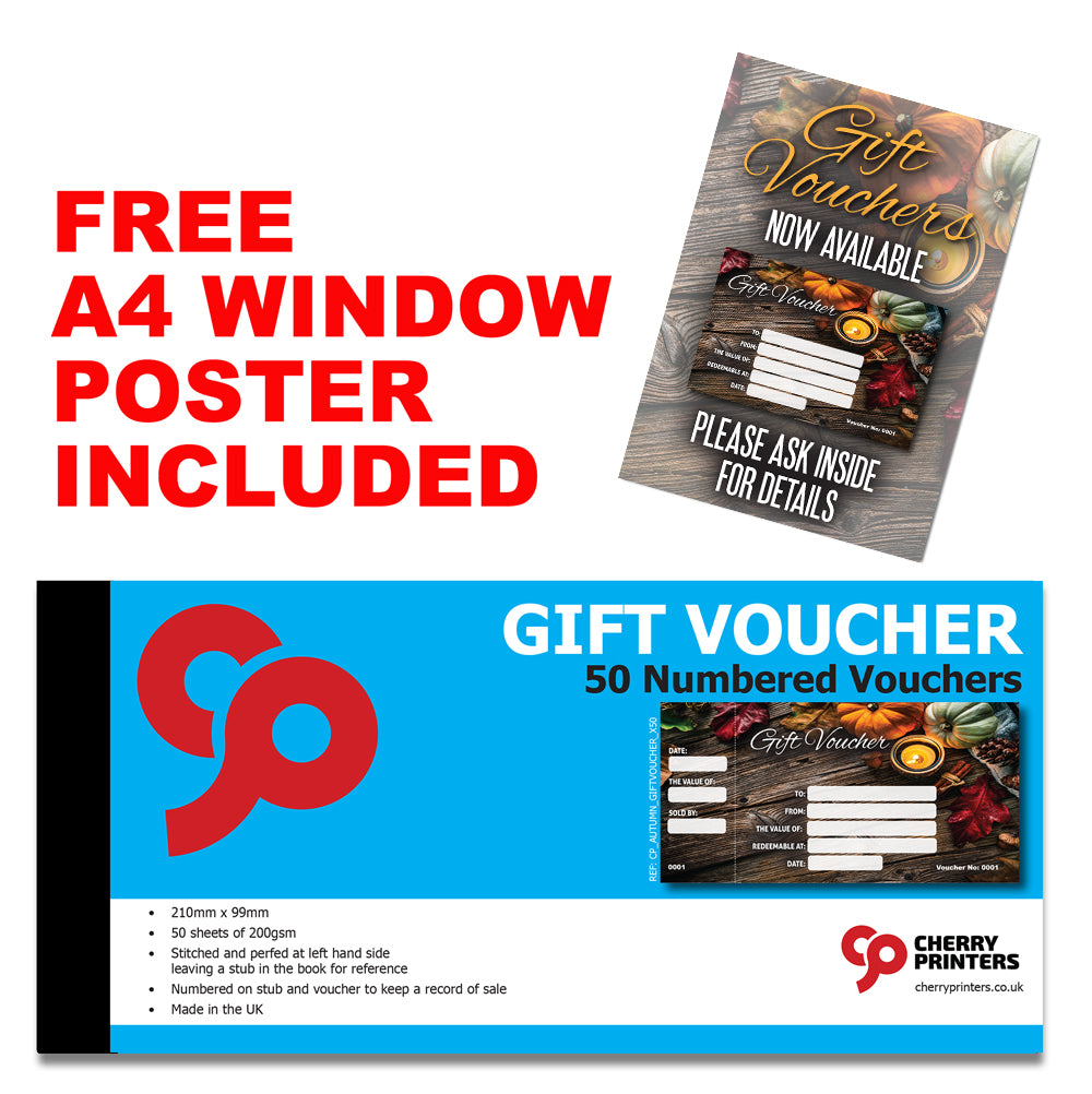Autumn Gift Voucher Book 99mm x 210mm with FREE A4 POSTER