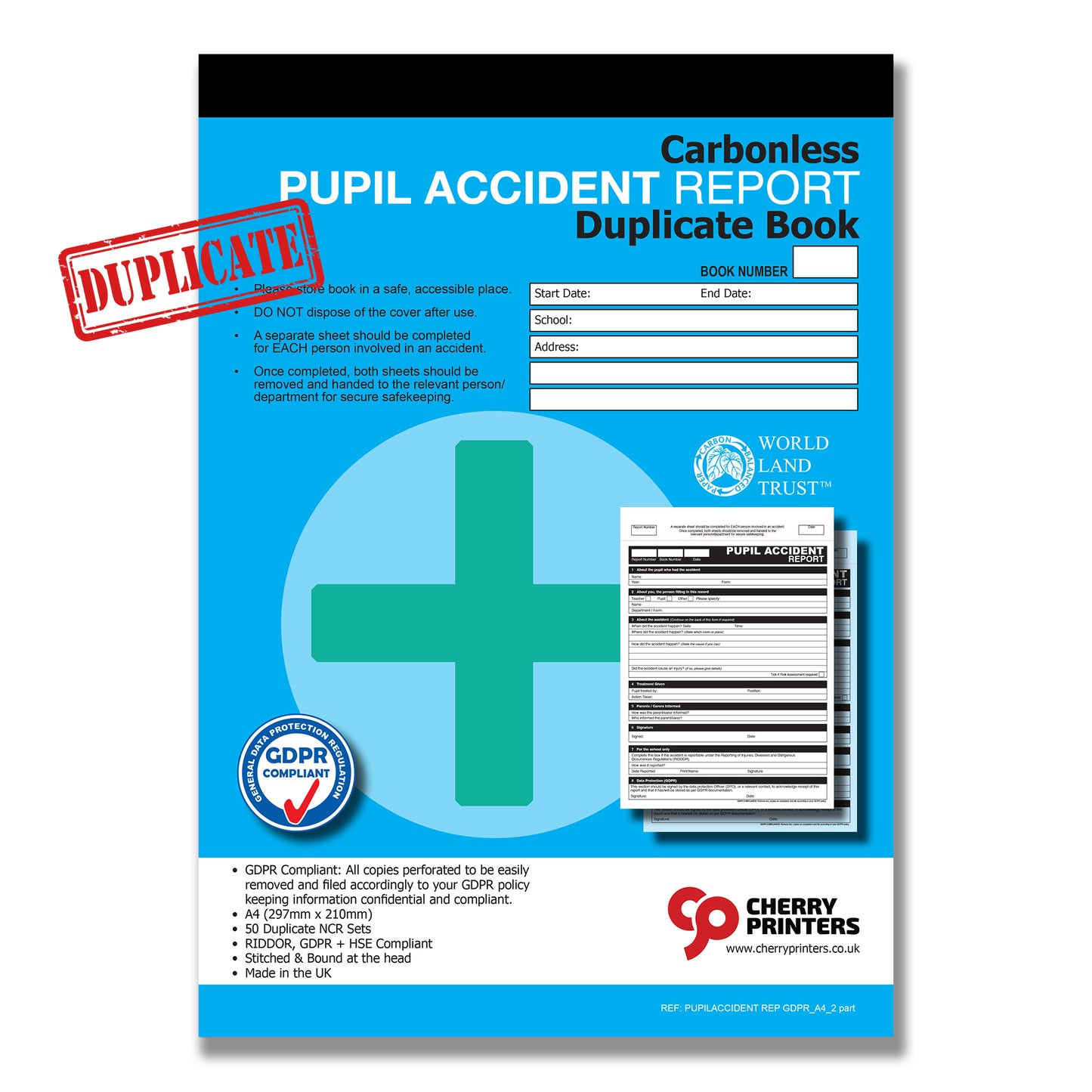 NCR GDPR Pupil Accident Report Duplicate Book A4