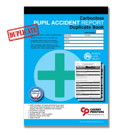 NCR GDPR Pupil Accident Report Duplicate Book A4