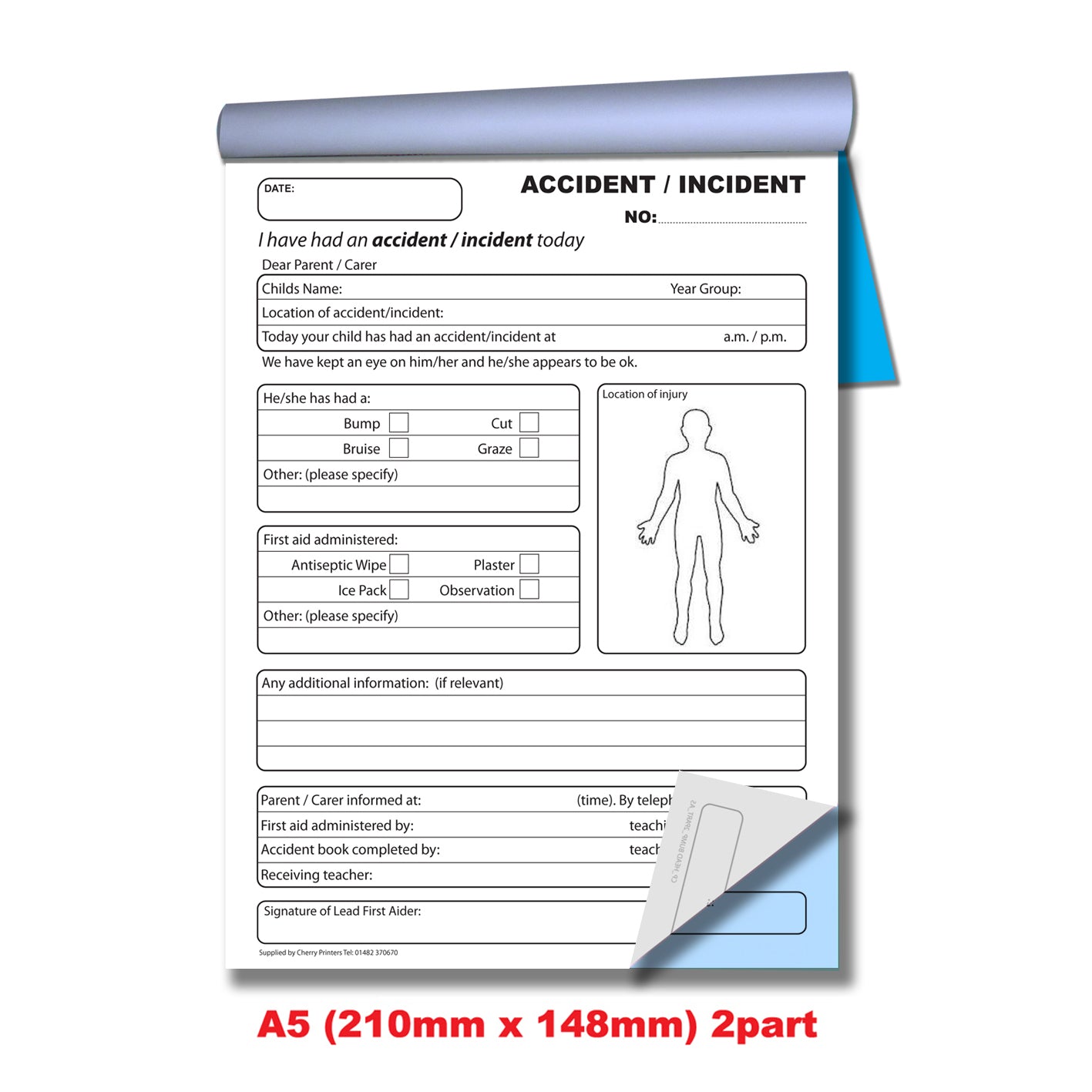 NCR School Accident /Incident Report Book A5 Duplicate Cherry Printers UK