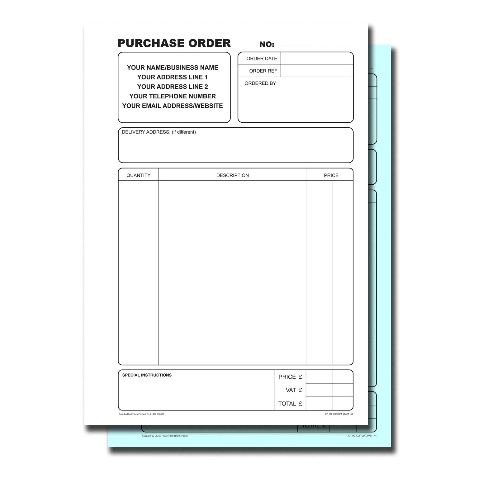 Custom NCR Purchase Order Duplicate Book A4 | 2 Pack — Cherry Printers UK