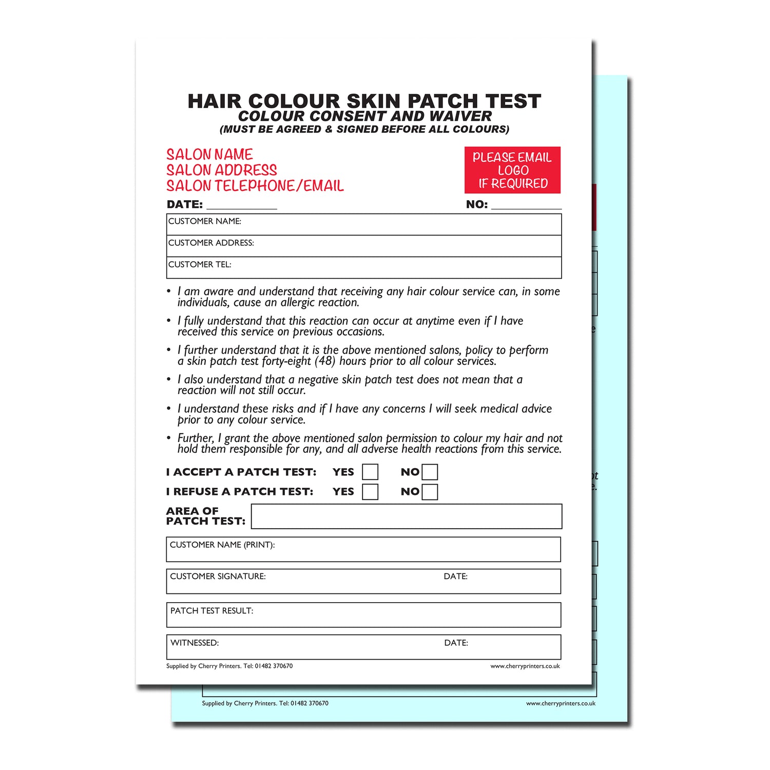 Patch Testing Card NCR *CUSTOM* Hair Colour Patch Test Duplicate Book A5 | 4 Book pack ...