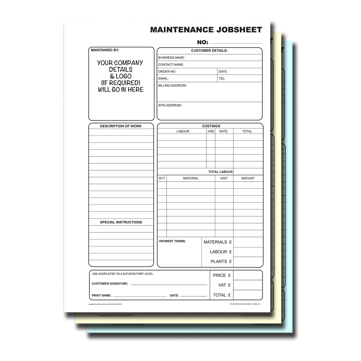 NCR *CUSTOM* Maintenance Jobsheet Triplicate Book A4 | 2 Book Pack