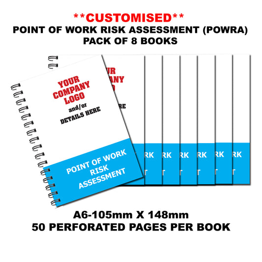 CUSTOM Point of Work Risk Assessment Book | POWRA | A6 105mm x 148mm | 50 perforated pages | Wirobound 8 BOOKS