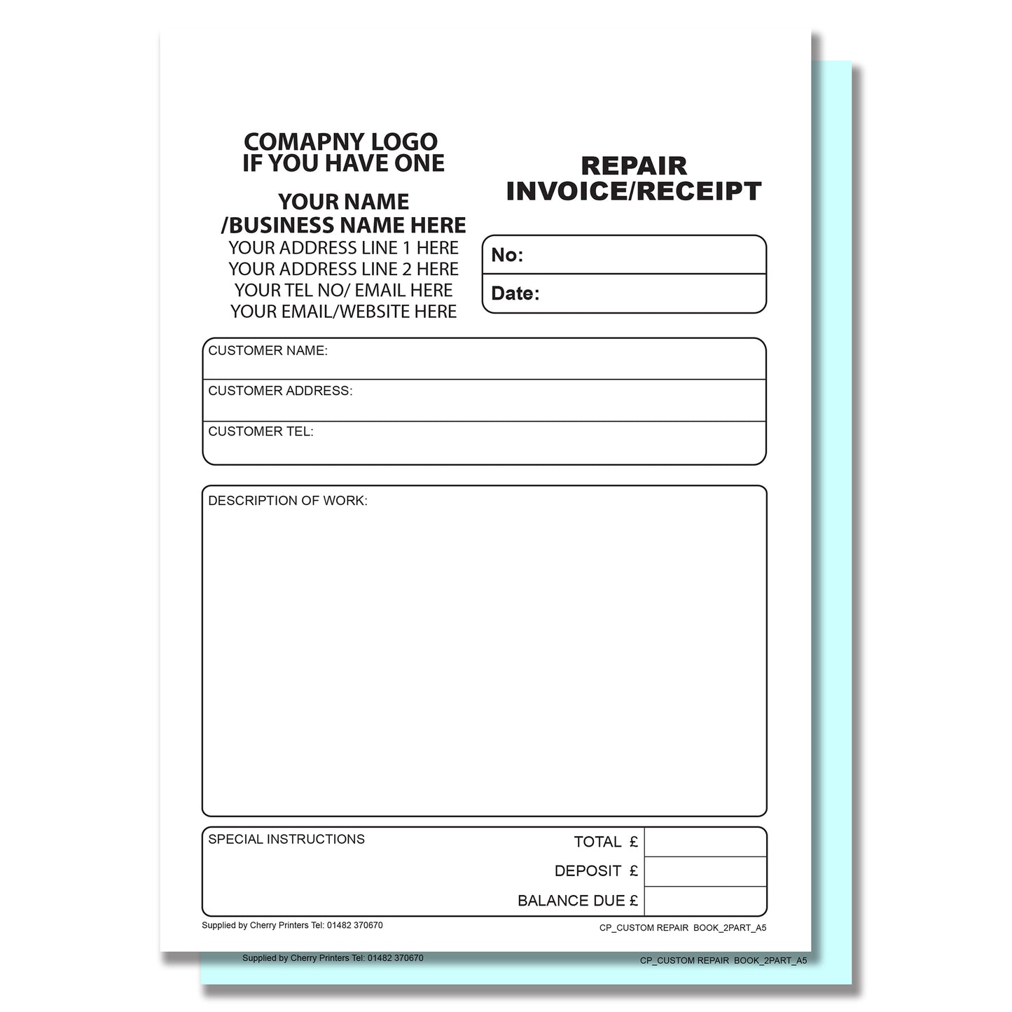 NCR *CUSTOM* Repair Invoice/Receipt Duplicate Book A5 | 4 Book Pack