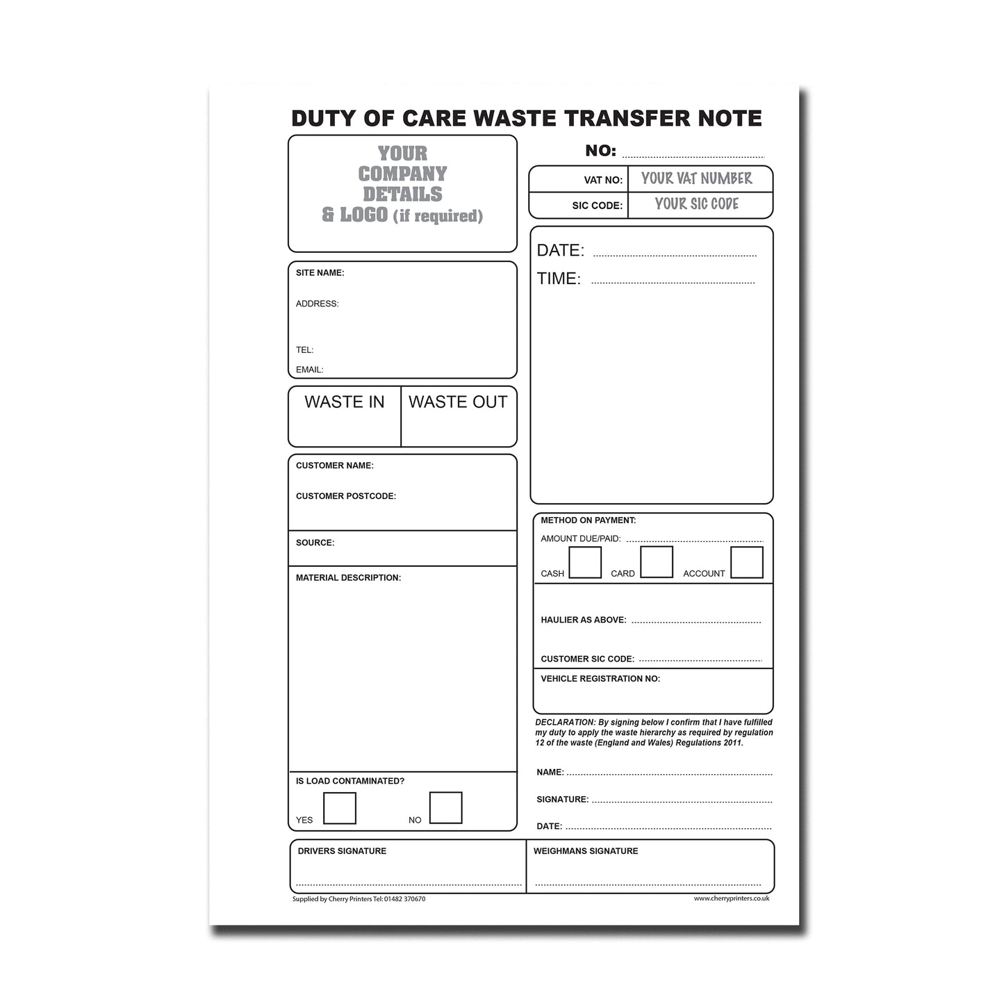 NCR *CUSTOM* Duty of Care Waste Transfer Note Triplicate Book A5 4 Book Pack