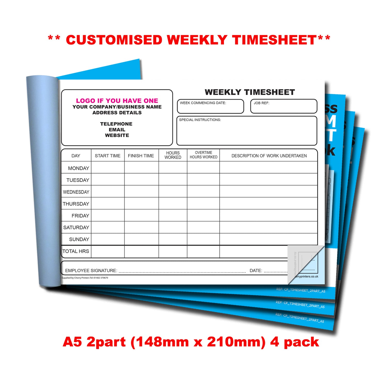 NCR *CUSTOM* WEEKLY Timesheet Duplicate Book A5 | 4 Book Pack – Cherry ...