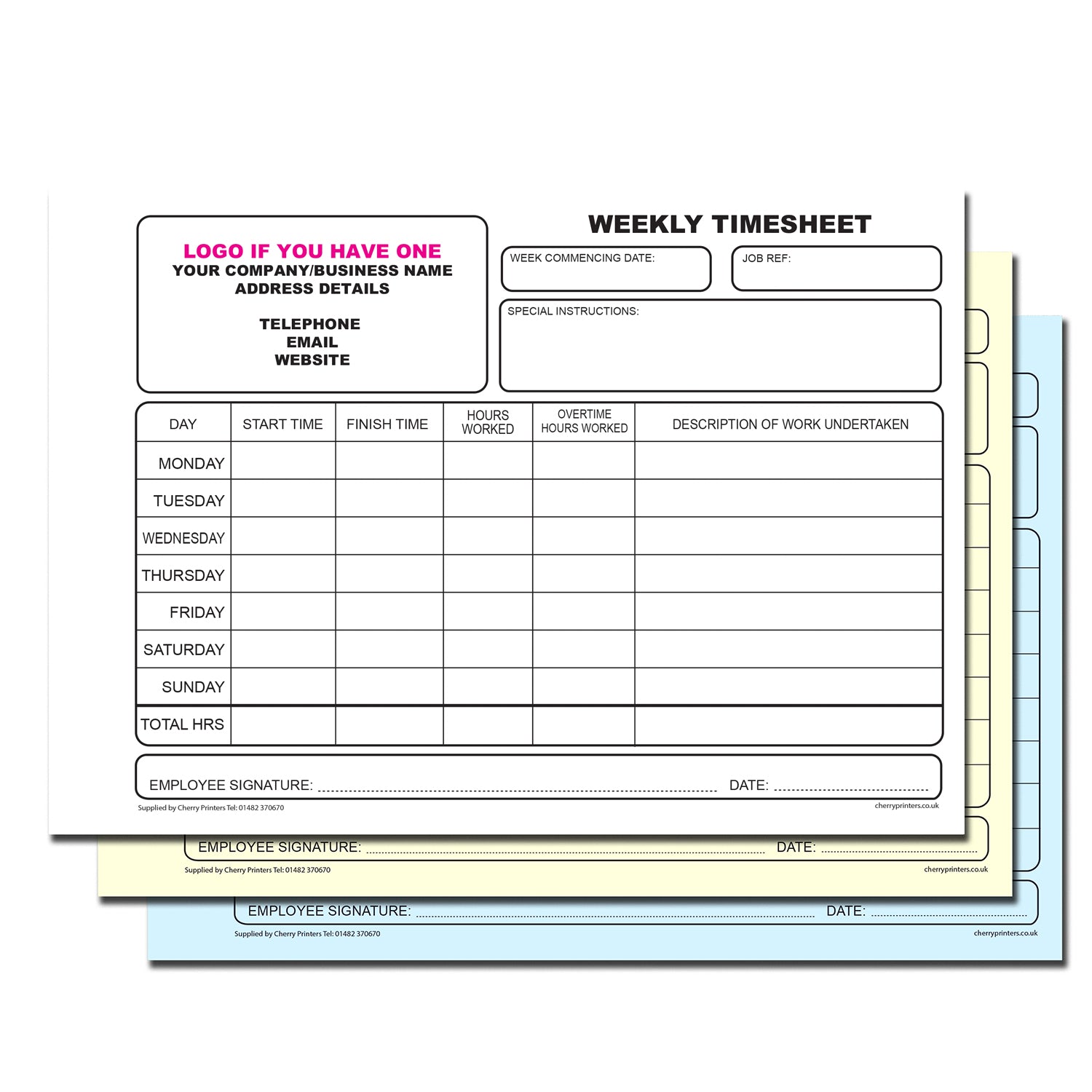 NCR *CUSTOM* Weekly Timesheet Triplicate Book A5 Packs – Cherry Printers UK