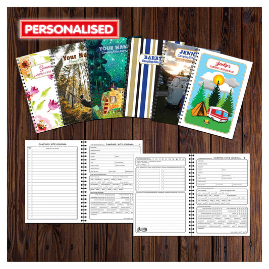 PERSONALISED Camping/Site Journal | Campsite Review | A5 (148mm x 210mm) | 51 double sided pages on 120gsm | Split Wirobound