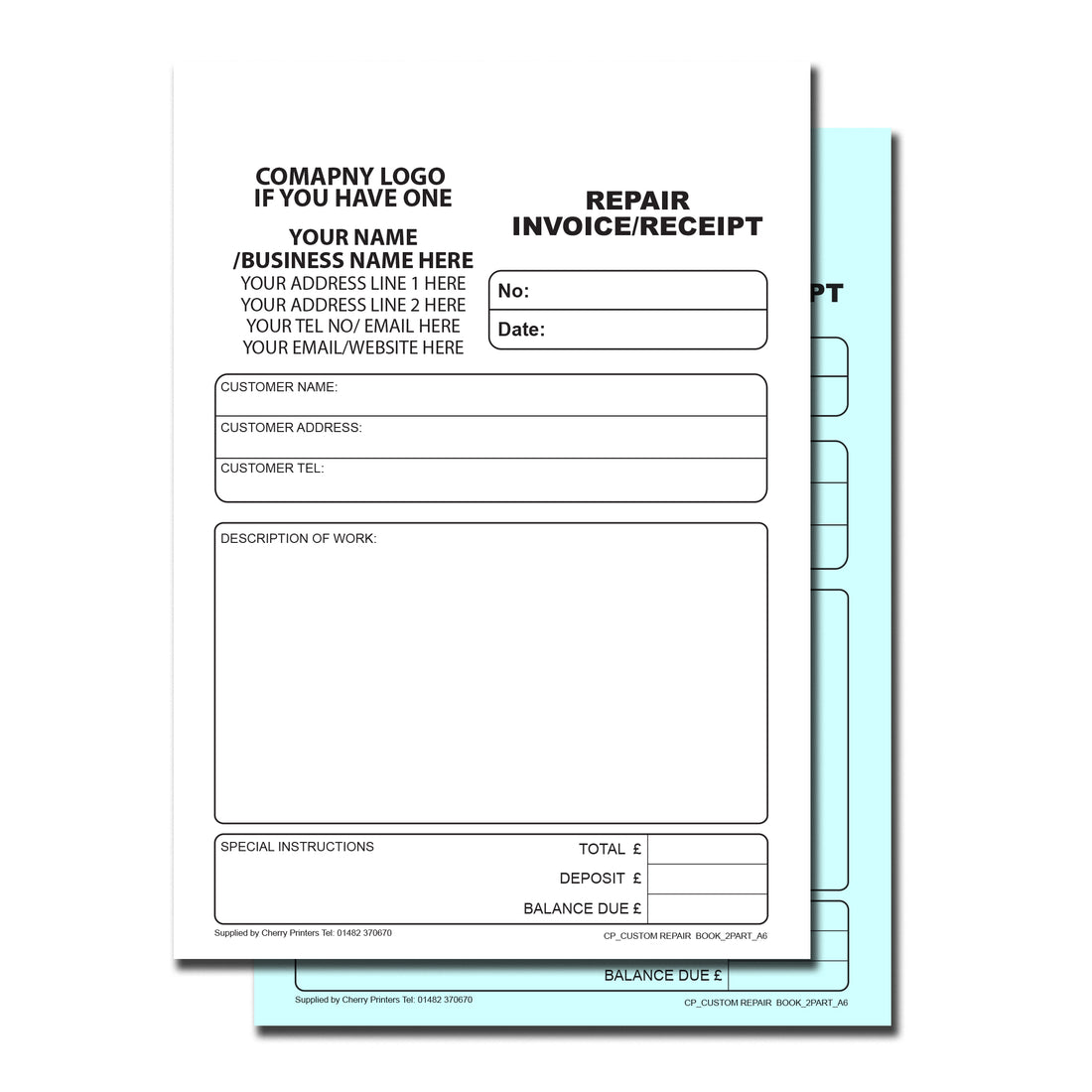 NCR *CUSTOM* Repair Invoice/Receipt Duplicate Book A6 | 8 Book Pack ...