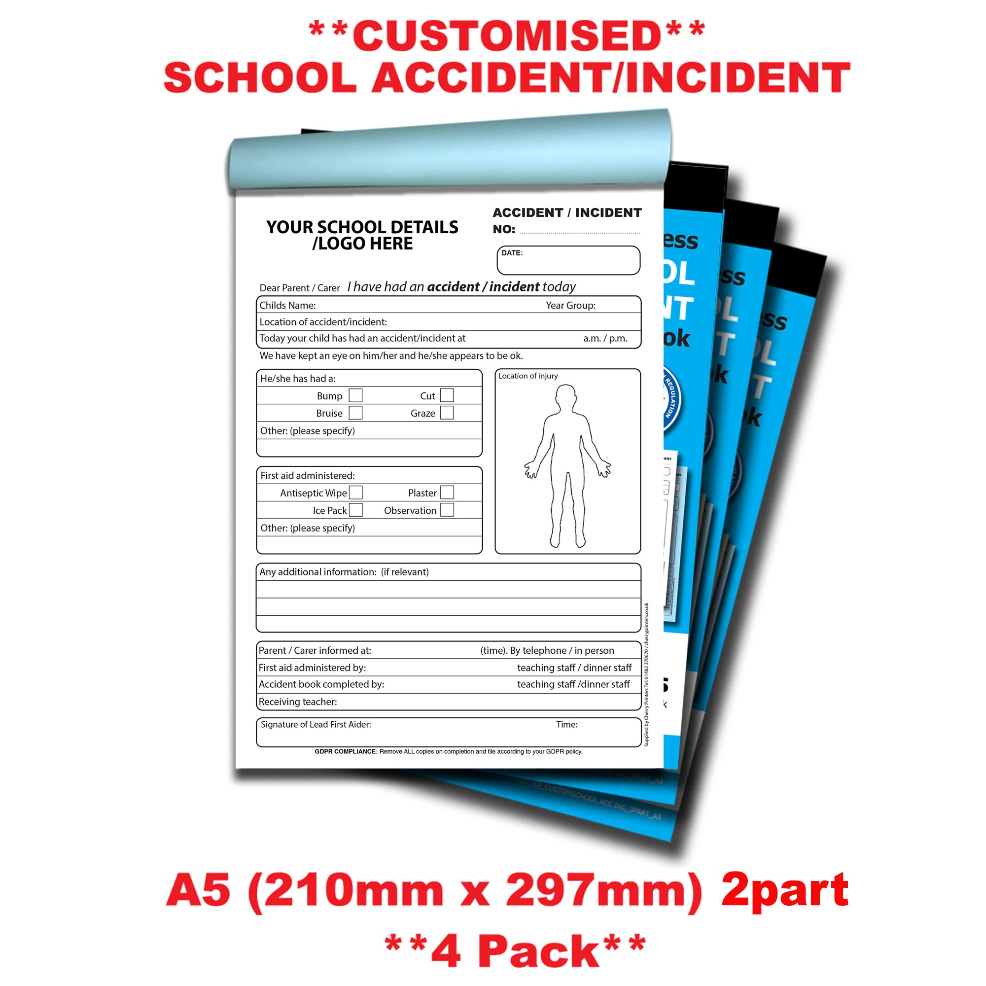 Custom School Accident Duplicate Book A5 GDPR | 4 Pack — Cherry Printers UK