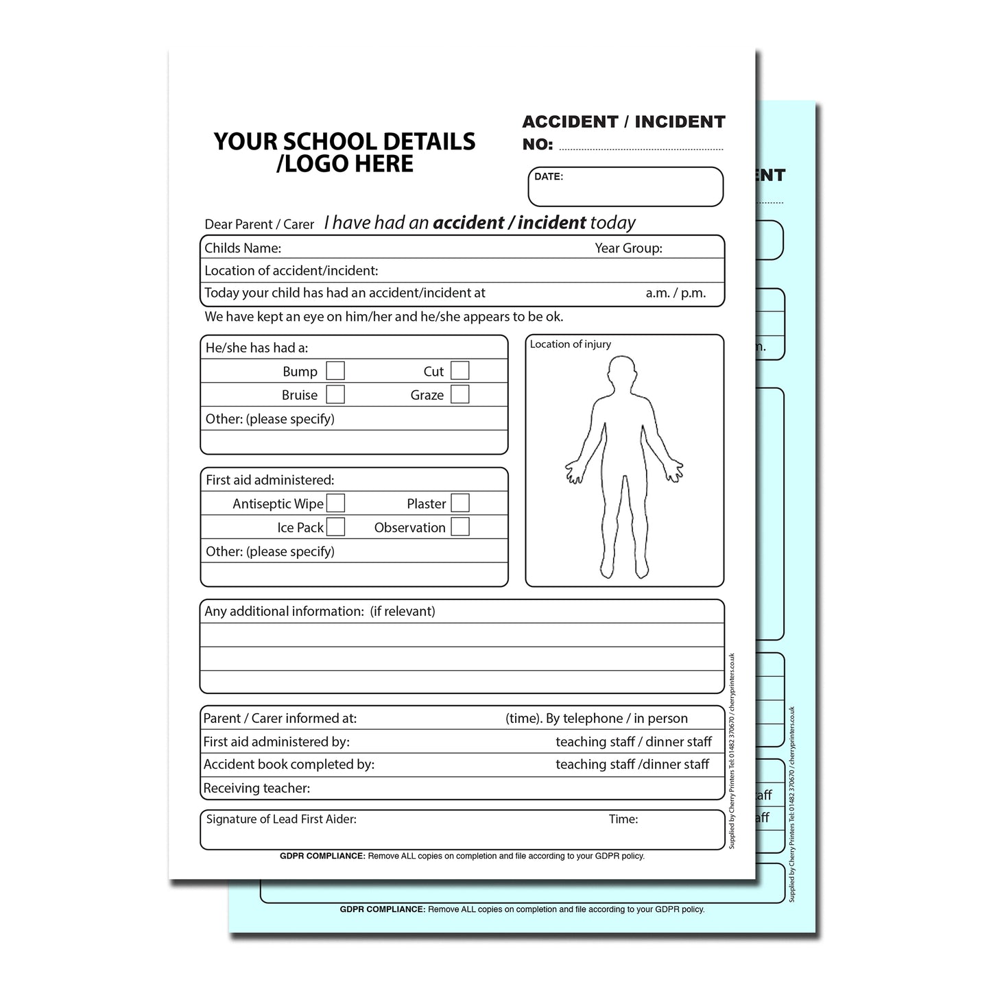 NCR *CUSTOM* School Accident/Incident Duplicate Book A5 4 Book Pack GDPR