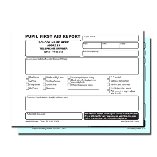 NCR *CUSTOM* Pupil First Aid Report | Accident | Incident |  Pocket size A6 | Duplicate | 8 Book Pack