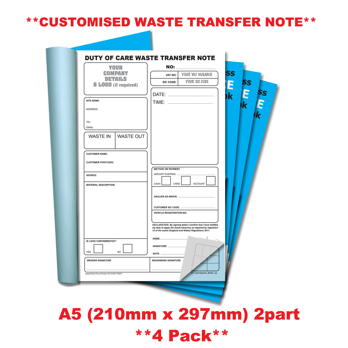 NCR *CUSTOM* Duty of Care Waste Transfer Note Duplicate Book A5 | 4 Book Pack