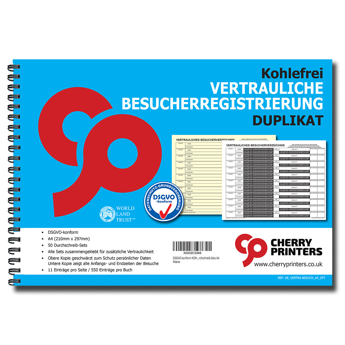 DSGVO Compliant Guest Book/Visitor Book NCR (GERMAN Confidential Visitor Sign in Duplicate Wiro Book A4 50 Sets)