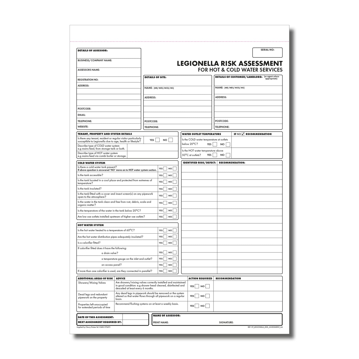 Legionella Testing Form NCR Legionella Risk Assessment Duplicate Book A4 - ACoP L8 Compliant ...