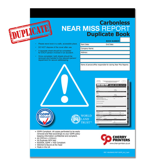 NCR GDPR Near Miss Report Duplicate Book A4 RIDDOR & HSE Compliant