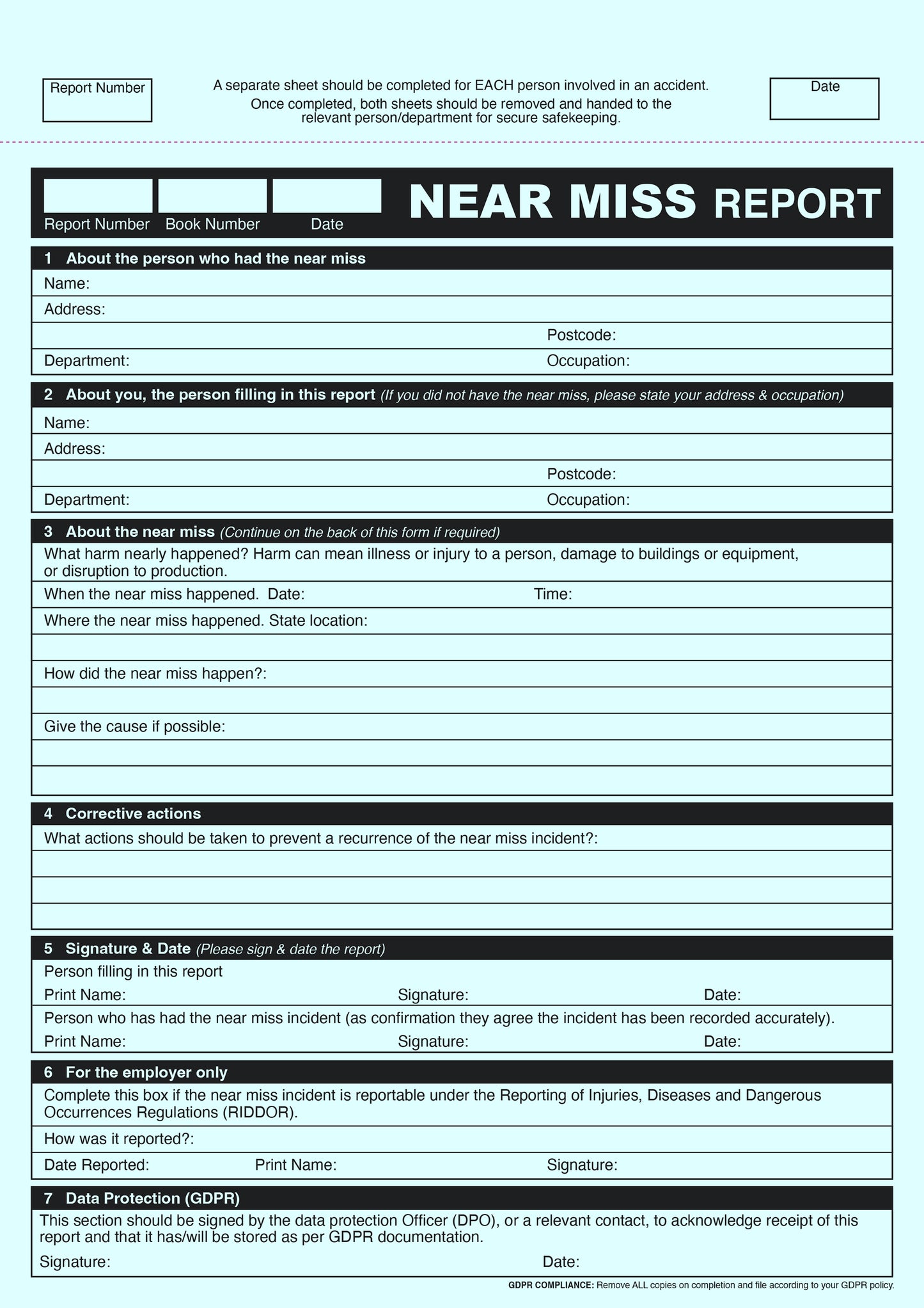 NCR GDPR Near Miss Report Duplicate Book A4 RIDDOR & HSE Compliant