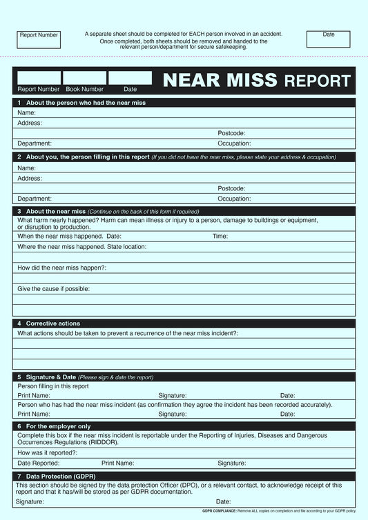 NCR GDPR Near Miss Report Duplicate Book A4 RIDDOR & HSE Compliant