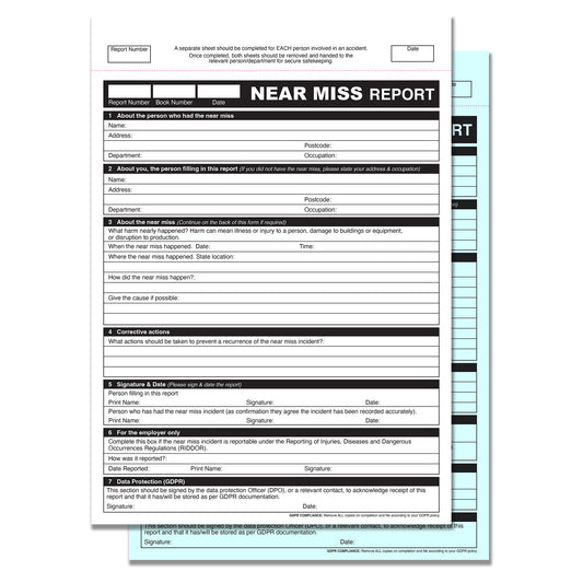 NCR GDPR Near Miss Report Duplicate Book A4 RIDDOR & HSE Compliant
