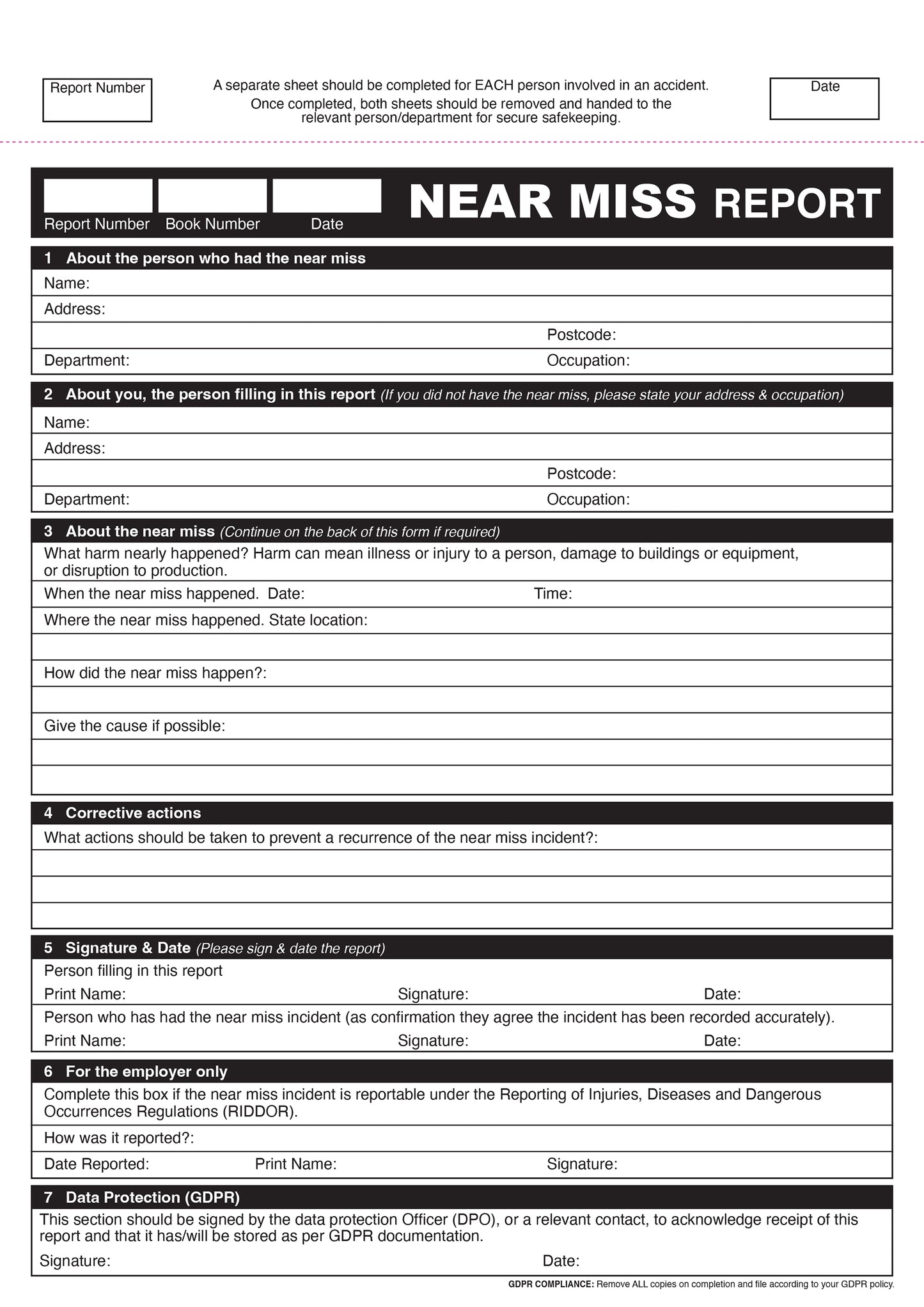 NCR GDPR Near Miss Report Duplicate Book A4 RIDDOR & HSE Compliant