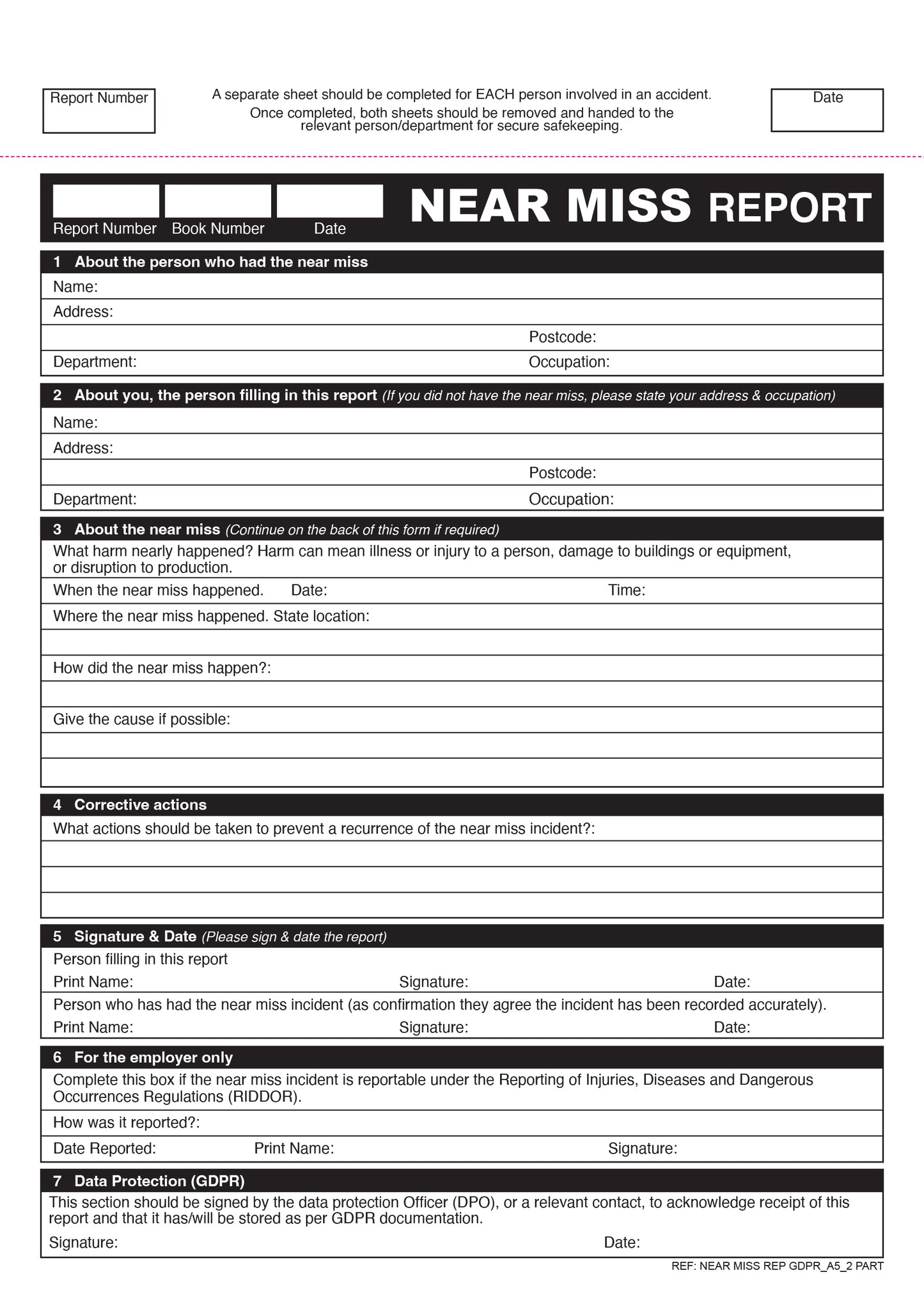 NCR GDPR Near Miss Report Duplicate Book A5 RIDDOR & HSE Compliant