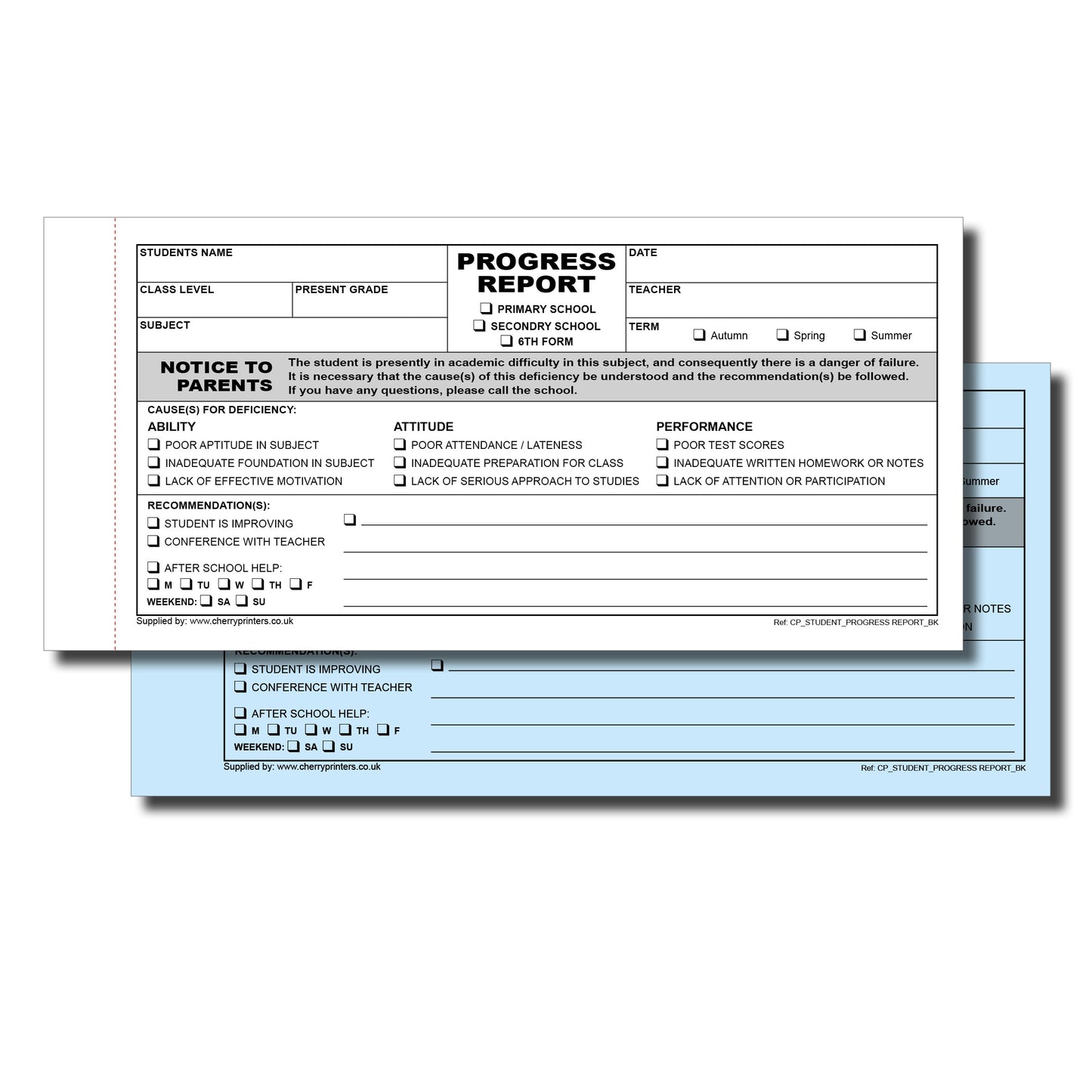NCR Student Progress Report Book 99mm x 210mm Duplicate