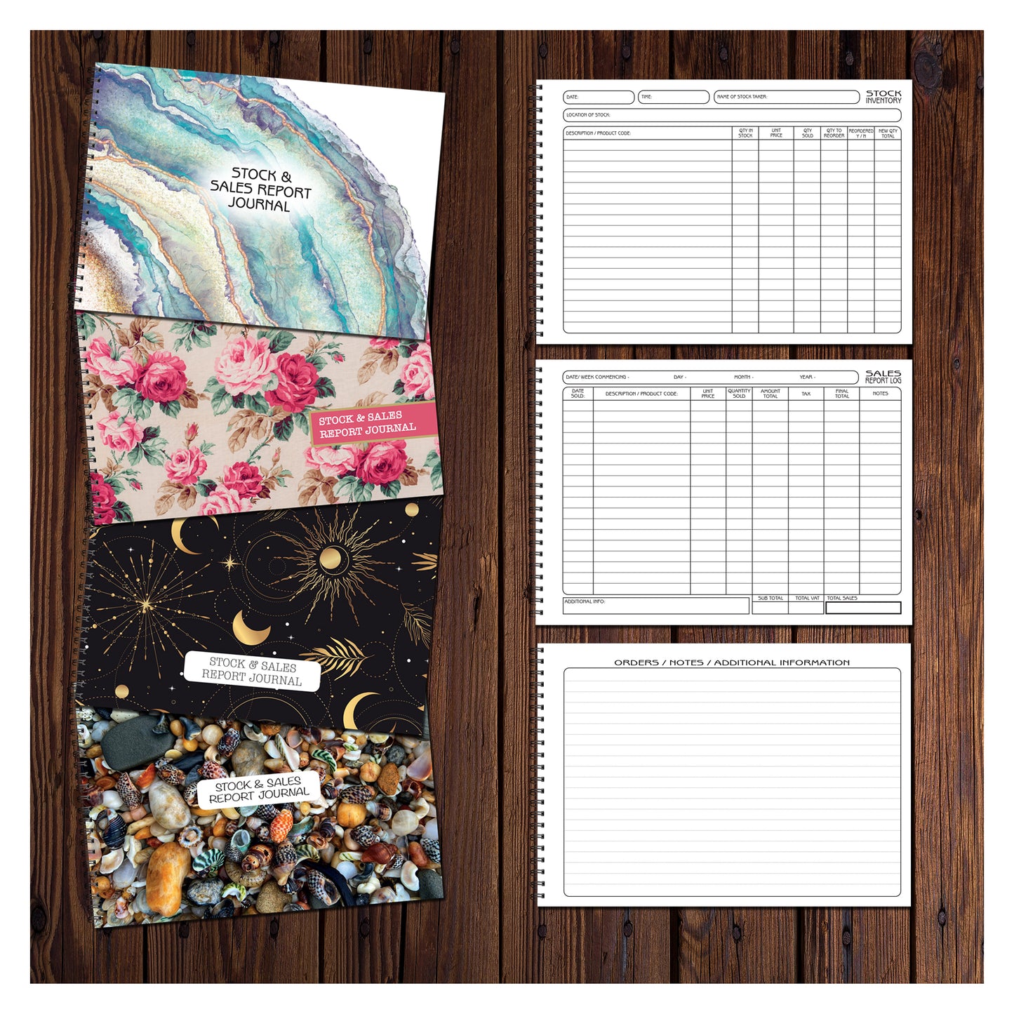 Designer Stock & Sales Report Journal | Stock Inventory | Sales Report Log | A5 wiro book | 50 pages printed to both sides on quality 120gsm