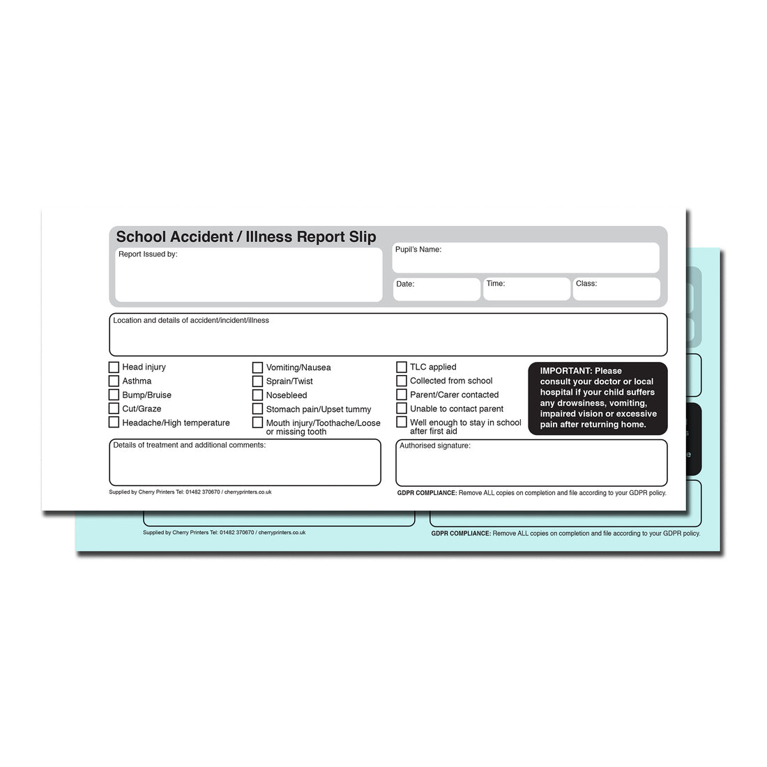NCR School Accident Report Book 99x210mm | GDPR Duplicate — Cherry ...