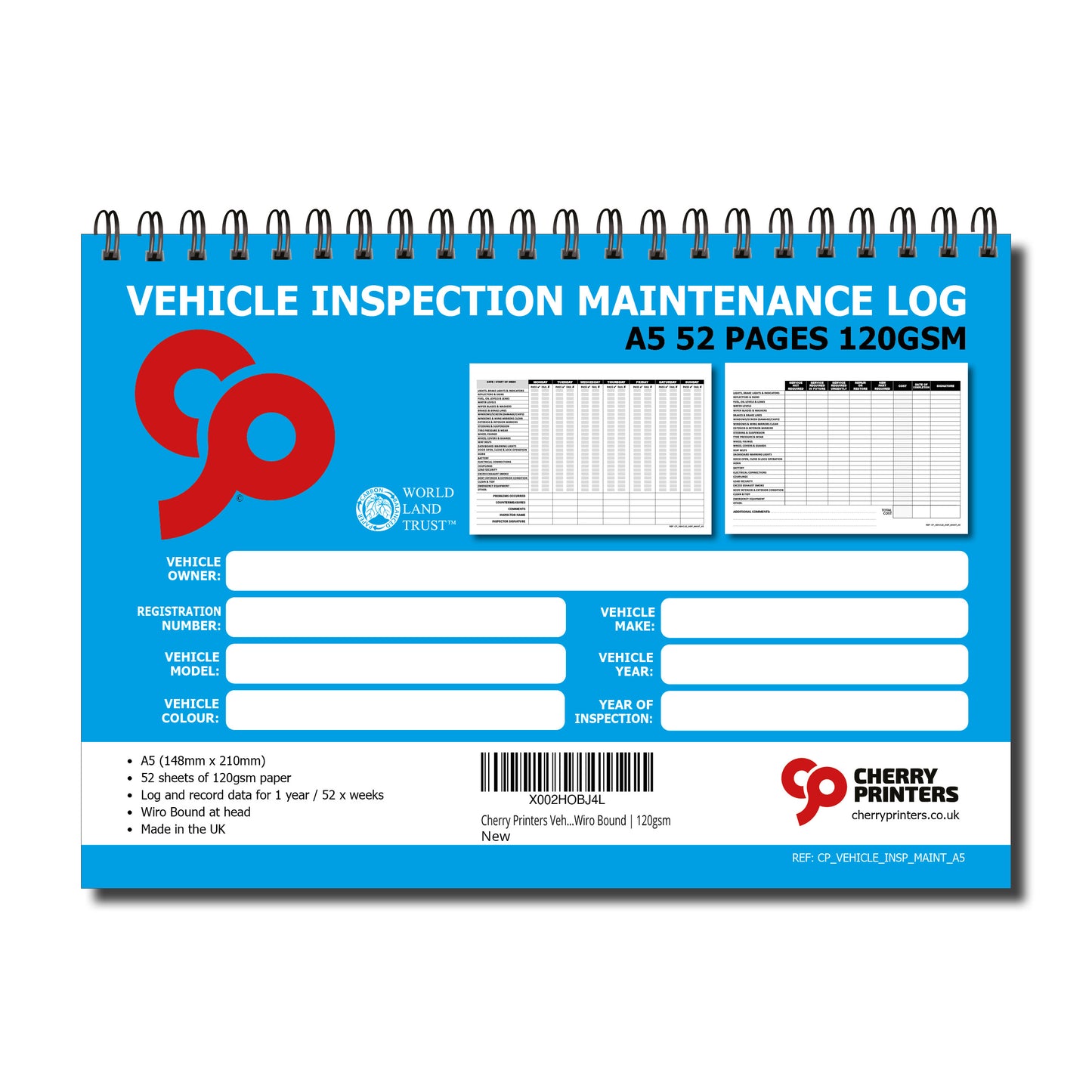 Vehicle Inspection Maintenance Log Book | 1 Year (52 Weeks) | A5 (148mm x 210mm) | 120gsm | Wirobound
