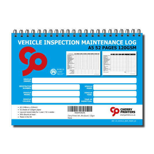 Vehicle Inspection Maintenance Log Book | 1 Year (52 Weeks) | A5 (148mm x 210mm) | 120gsm | Wirobound