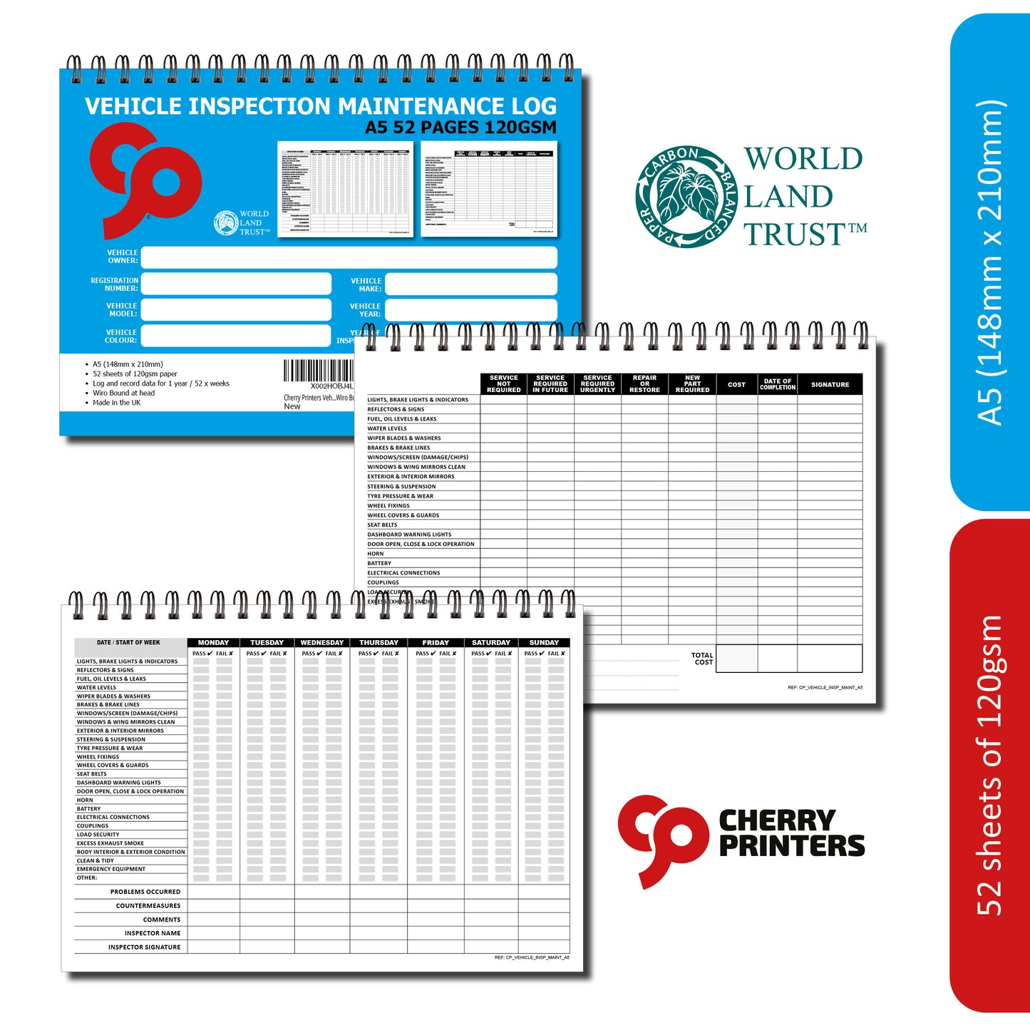 Vehicle Inspection Maintenance Log Book | 1 Year (52 Weeks) | A5 (148mm x 210mm) | 120gsm | Wirobound