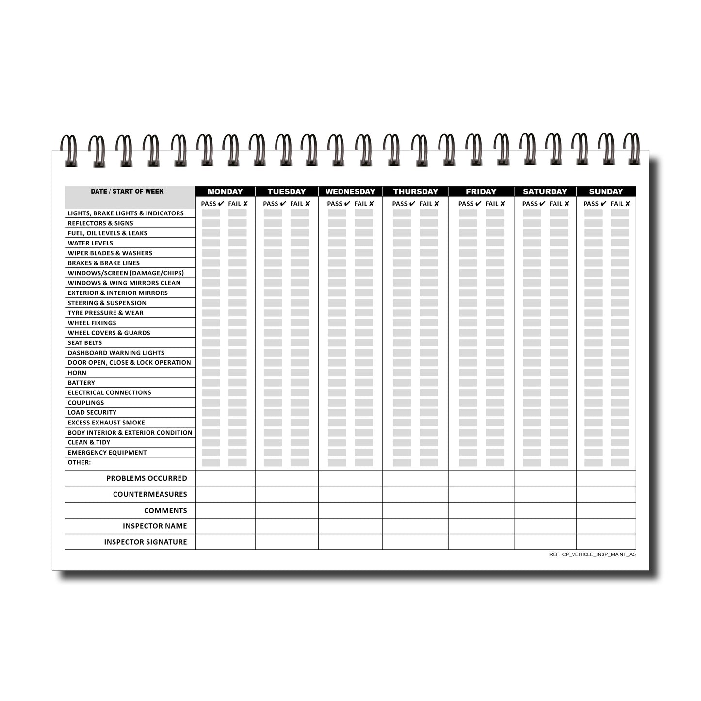 Vehicle Inspection Maintenance Log Book | 1 Year (52 Weeks) | A5 (148mm x 210mm) | 120gsm | Wirobound