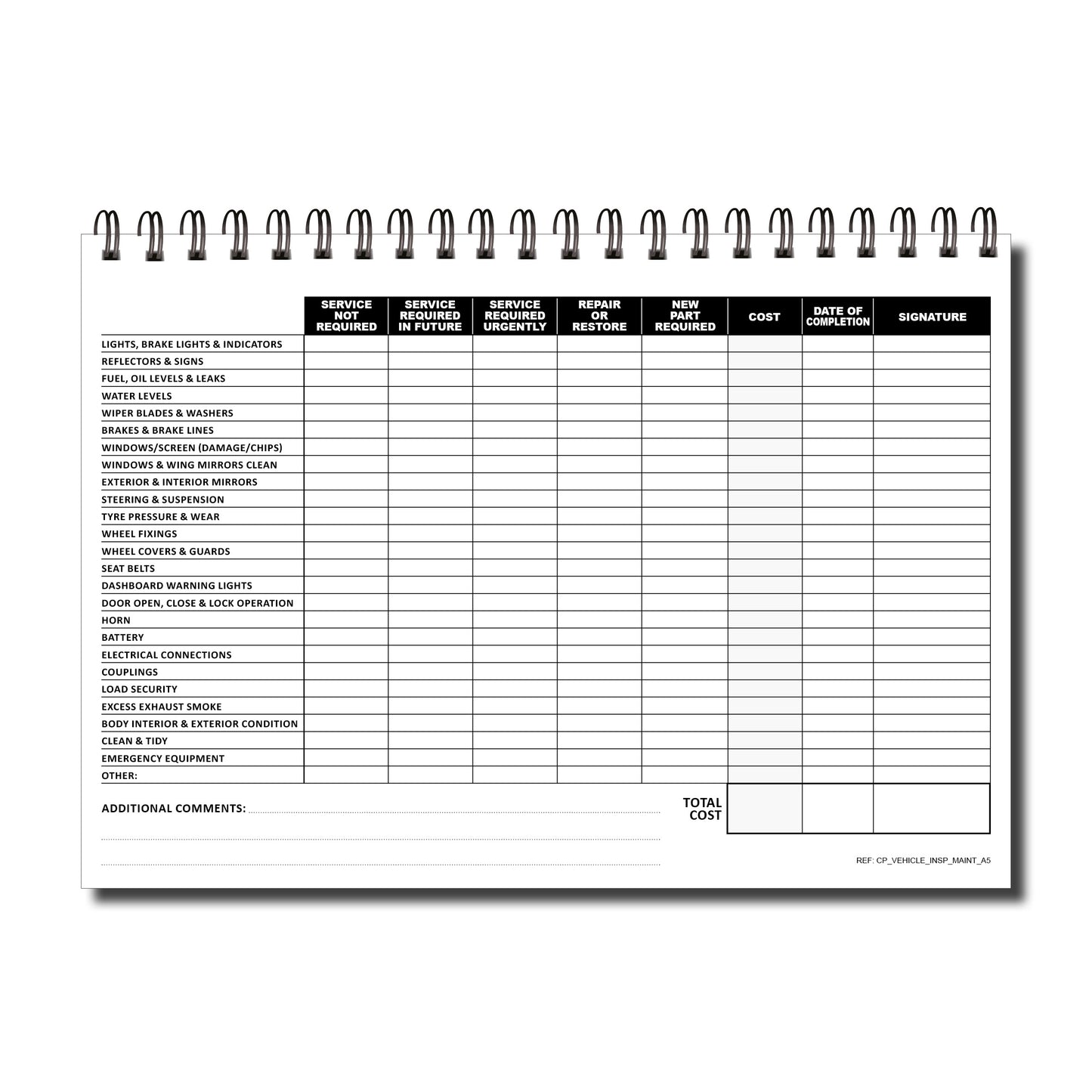Vehicle Inspection Maintenance Log Book | 1 Year (52 Weeks) | A5 (148mm x 210mm) | 120gsm | Wirobound