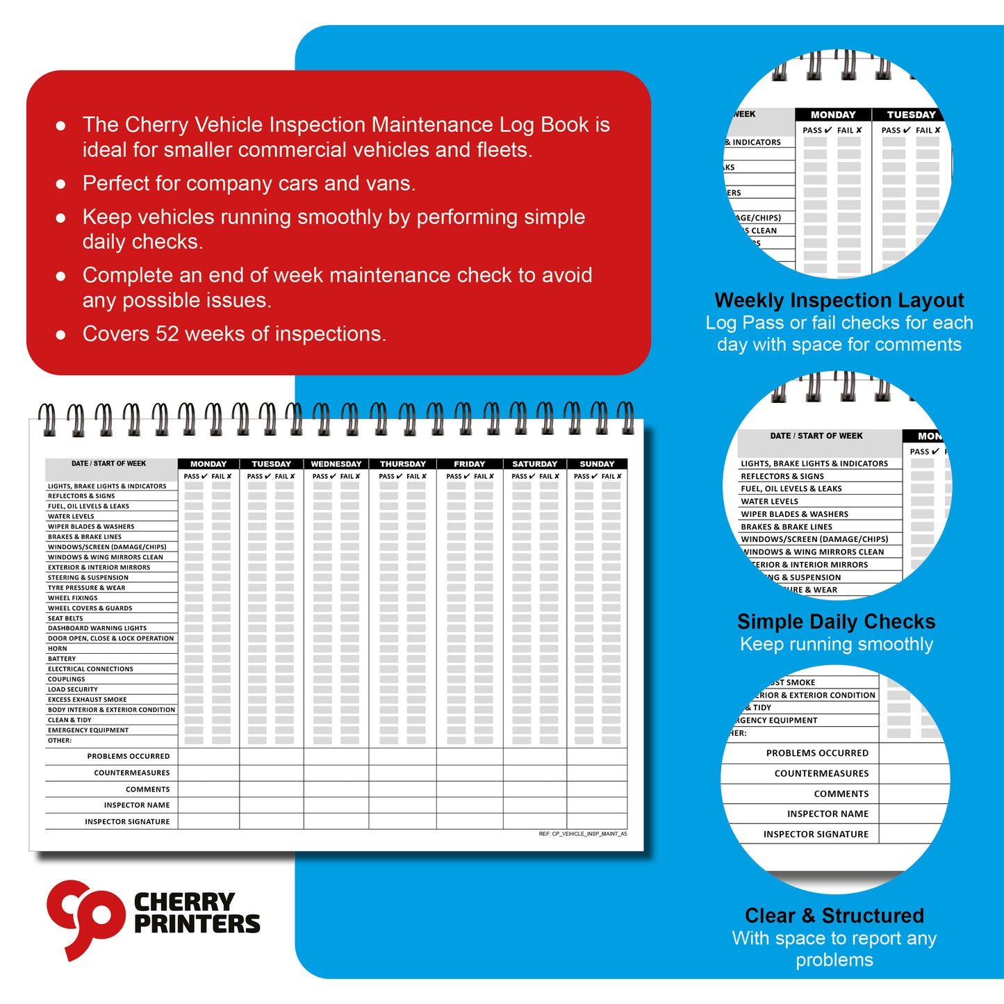 Vehicle Inspection Maintenance Log Book | 1 Year (52 Weeks) | A5 (148mm x 210mm) | 120gsm | Wirobound