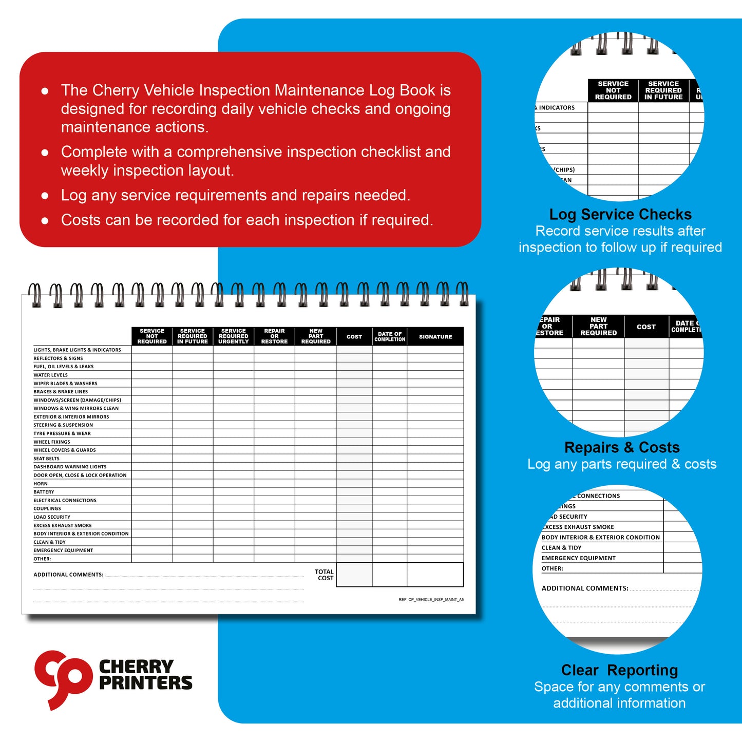 Vehicle Inspection Maintenance Log Book | 1 Year (52 Weeks) | A5 (148mm x 210mm) | 120gsm | Wirobound