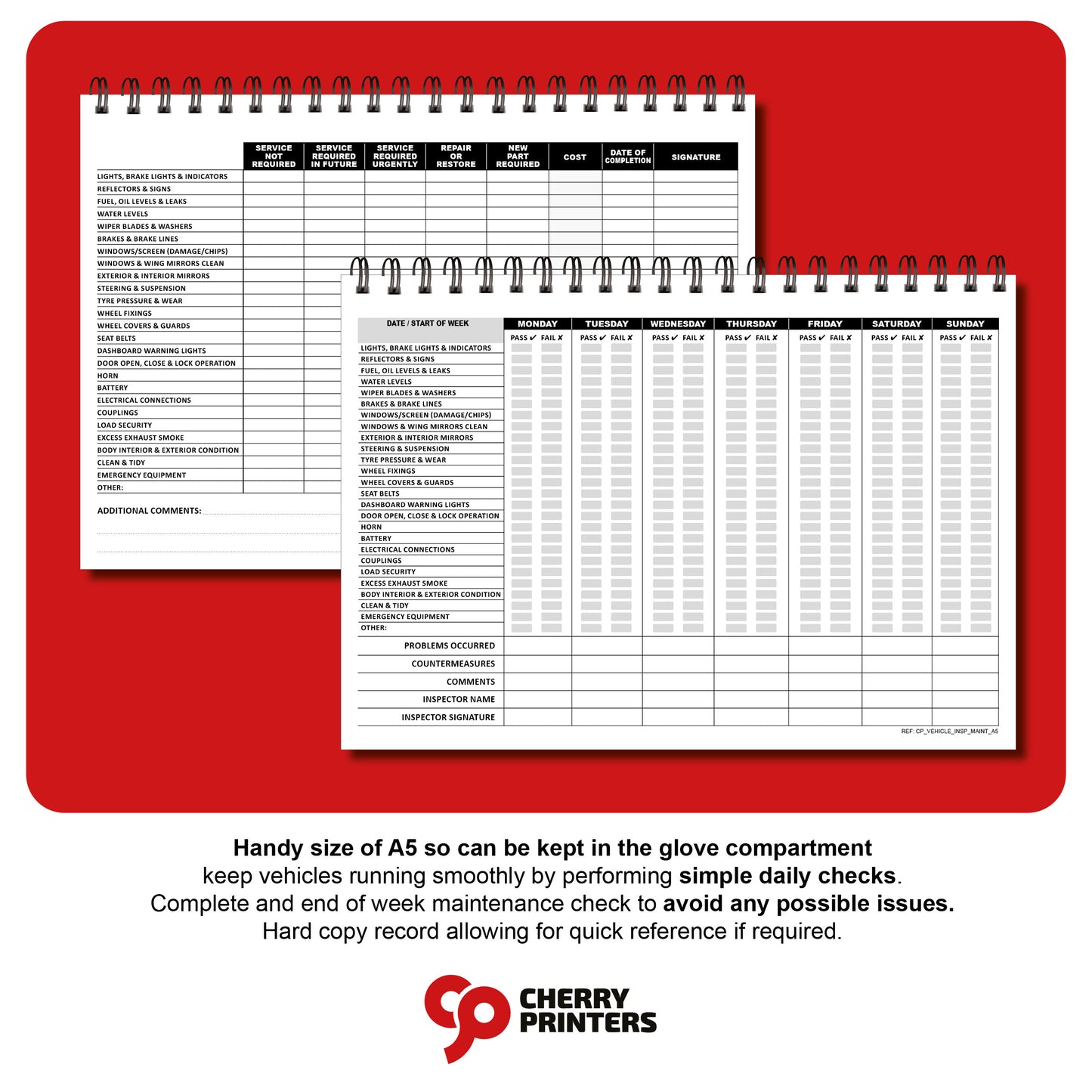 Vehicle Inspection Maintenance Log Book | 1 Year (52 Weeks) | A5 (148mm x 210mm) | 120gsm | Wirobound