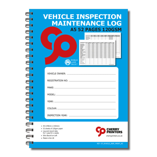 Vehicle Inspection Maintenance Log Book | 1 Year (52 Weeks) | A5 (148mm x 210mm) | 120gsm | Wirobound