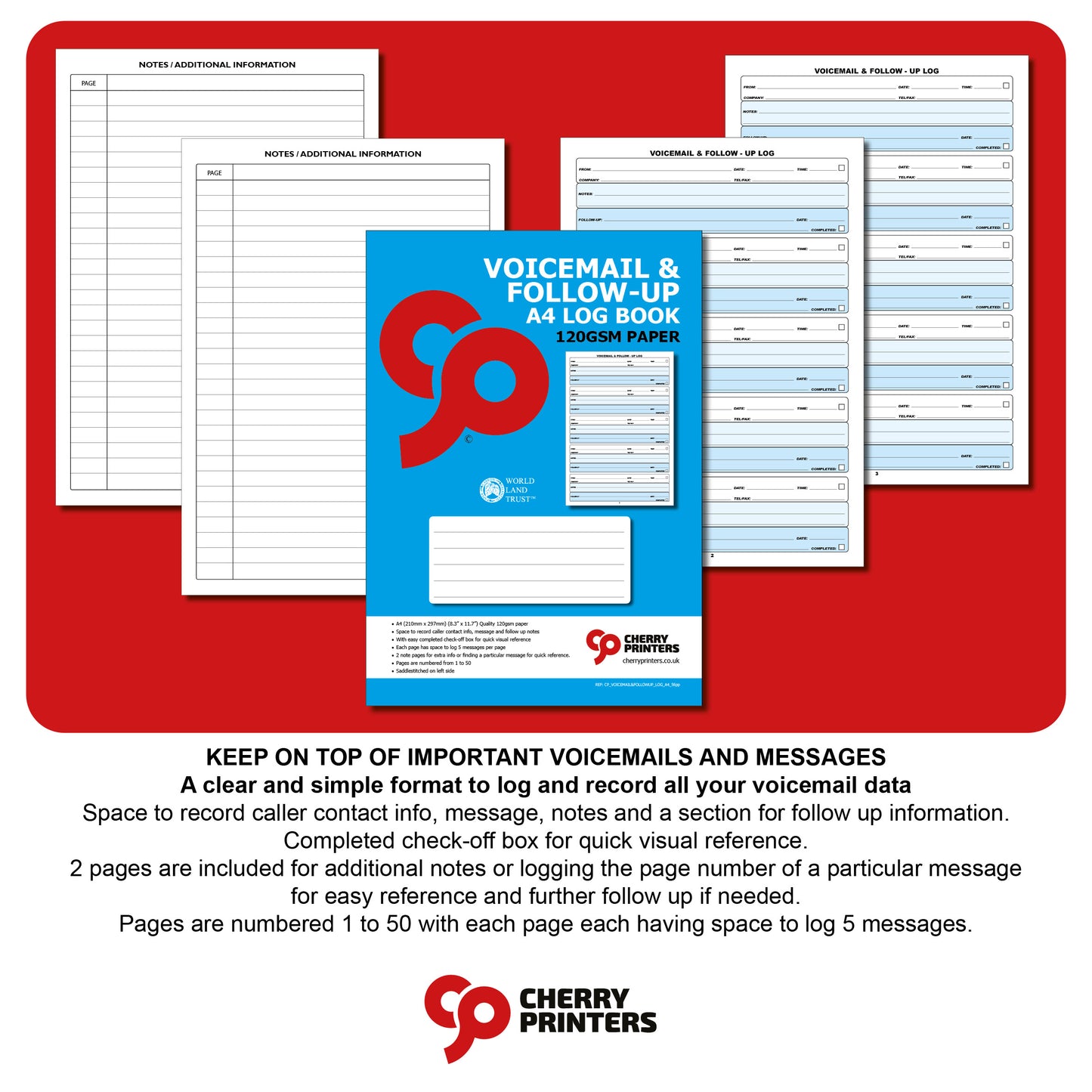 Voicemail & Follow-Up Log Book | A4 (210mm x 297mm) Message Record Book | 56 Pages 50 Numbered Log Sheets | 5 Messages Per Page