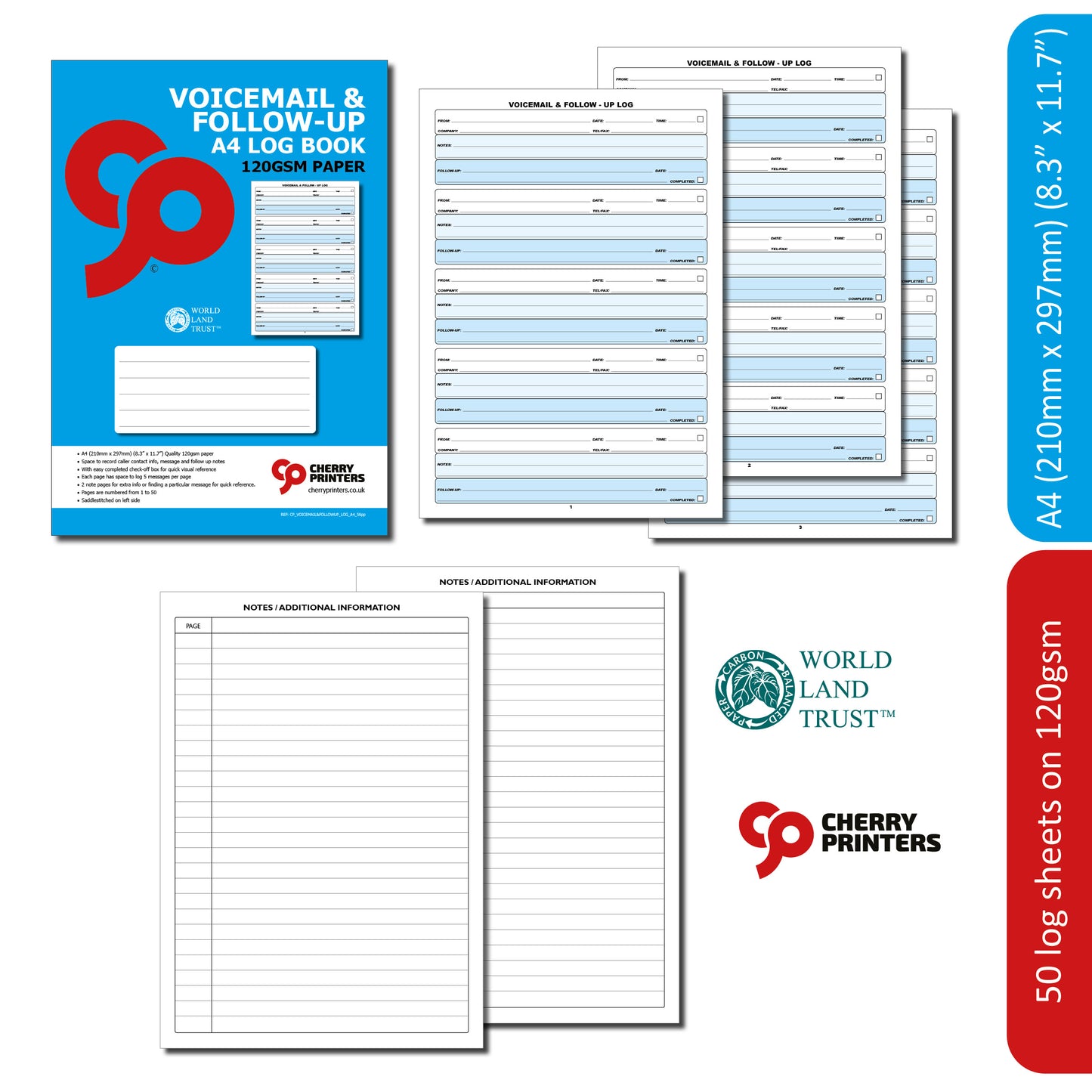 Voicemail & Follow-Up Log Book | A4 (210mm x 297mm) Message Record Book | 56 Pages 50 Numbered Log Sheets | 5 Messages Per Page