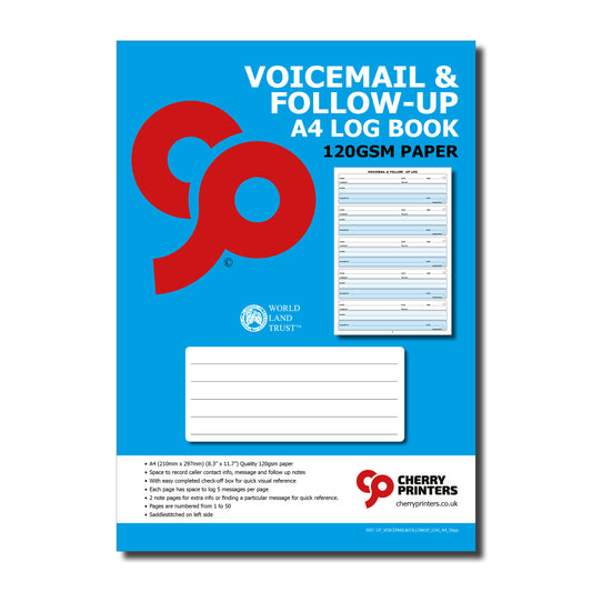 Voicemail & Follow-Up Log Book | A4 (210mm x 297mm) Message Record Book | 56 Pages 50 Numbered Log Sheets | 5 Messages Per Page