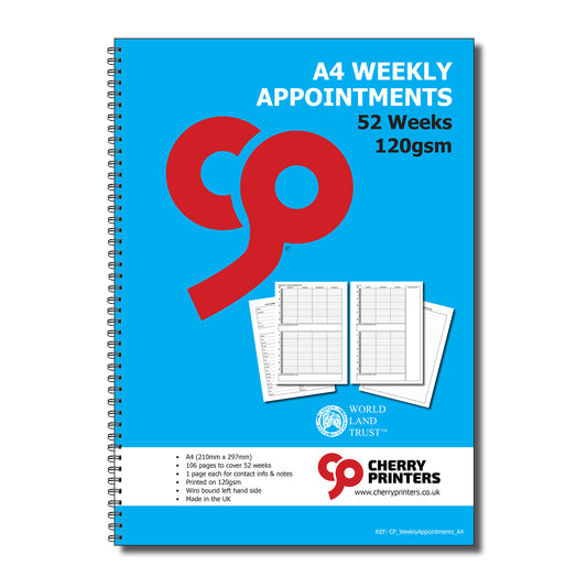 Weekly Appointment Book | 52 Weeks | Full Year | Undated | A4 -210mm x 297mm | 106 Pages | 120gsm Wirobound