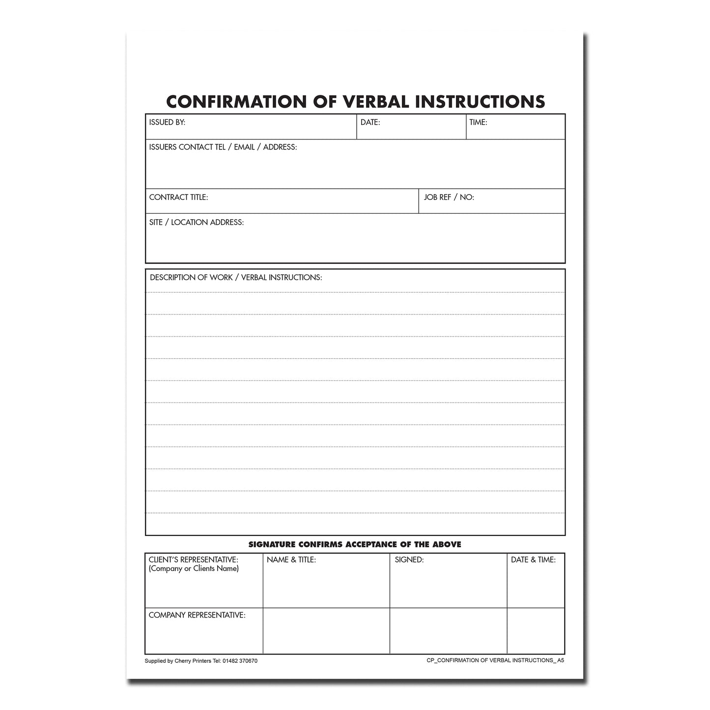 NCR Confirmation of Verbal Instruction Book A5 Triplicate