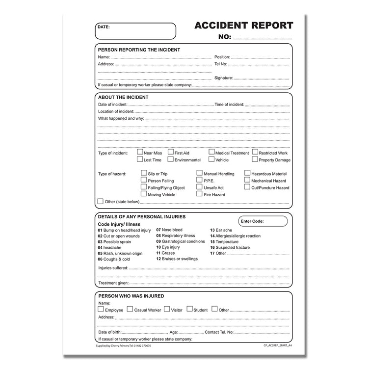 NCR Accident Report Duplicate Book A4 | 50 Sets — Cherry Printers UK