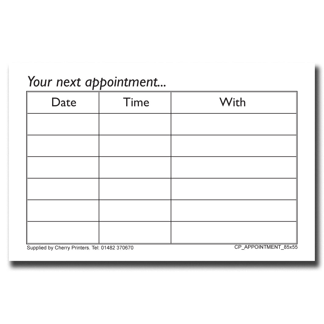 Appointment Card Pad 85mm x 55mm 100 cards of 350gsm