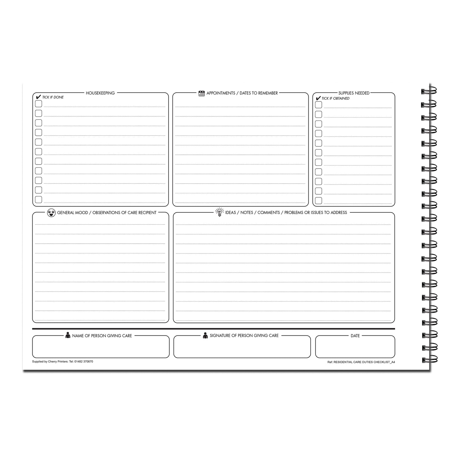 Residential Care Duties Checklist | Care Providers Journal/Log book | 120gsm A4 50 double sided pages Wirobound
