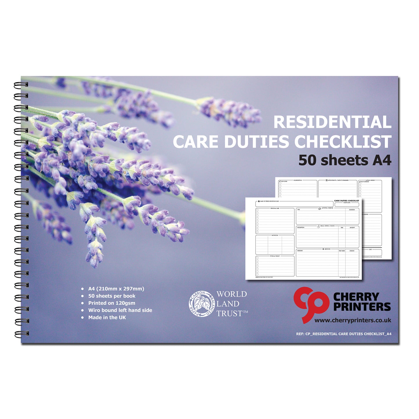 Residential Care Duties Checklist | Care Providers Journal/Log book | 120gsm A4 50 double sided pages Wirobound