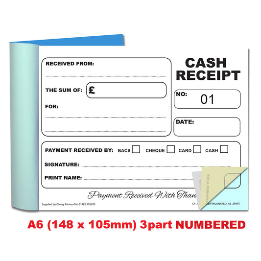 NCR Cash Receipt Numbered 1-50 Triplicate Book A6