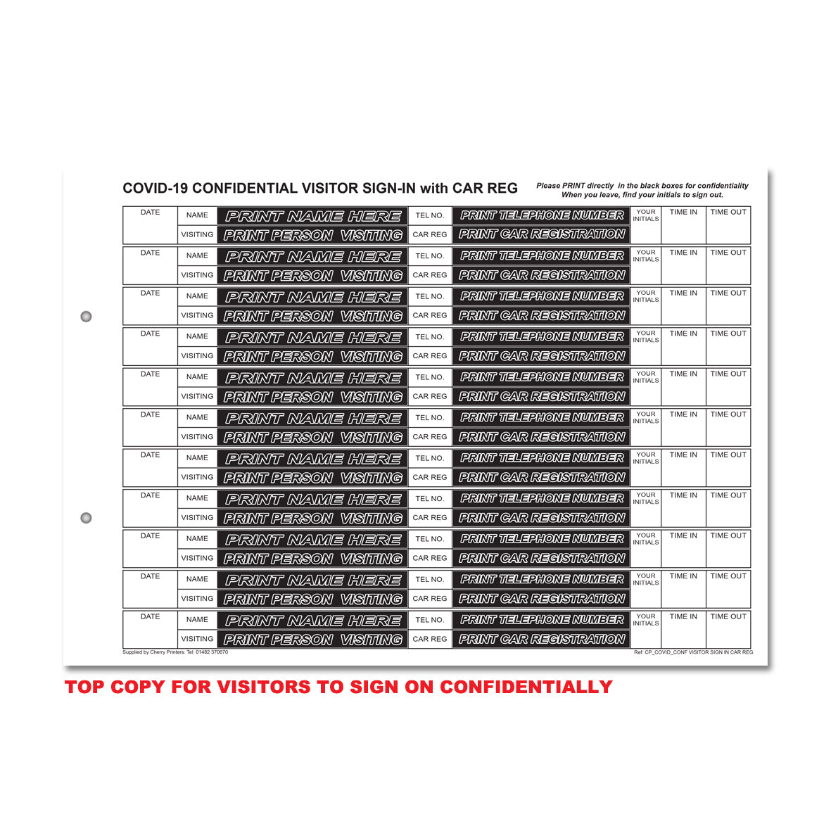 NCR Confidential Covid-19 Visitor Sign In with Car Reg REFILL PACK 50 sets of Duplicate A4
